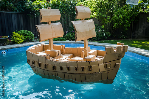 Brown Cardboard Model Ship Floating in a Blue Backyard Pool on a Sunny Day