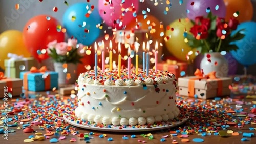 Festive Birthday Cake with Colorful Balloons and Gifts a delightful scene perfect for celebrations and parties