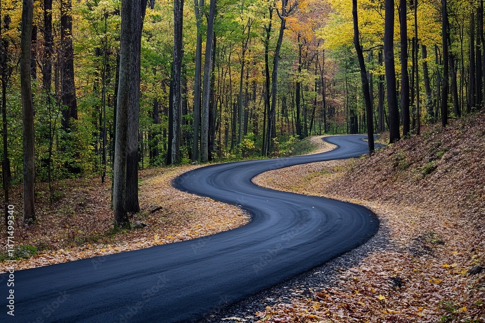 Fototapeta premium Winding Road Through Autumn Forest Covered in Wet Fallen Leaves