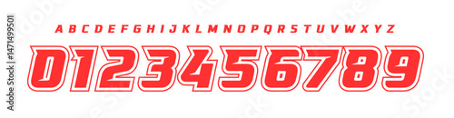 Futuristic Racing Number Font, Strong Bold Slanted Alphabet for motorsports, soccer, sports car branding, race events, esports jersey numbers, or fast-paced digital interfaces. Vector Illustration.