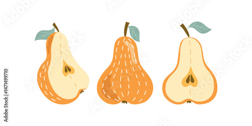 Pear, cartoon fruit. Slices and whole fruit with leaves. Vitamin natural vegetarian food, garden crop, harvest. Drawing, flat illustration, white isolated background.