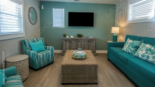 Coastal Living Room Interior Design: Teal and Gray Decor