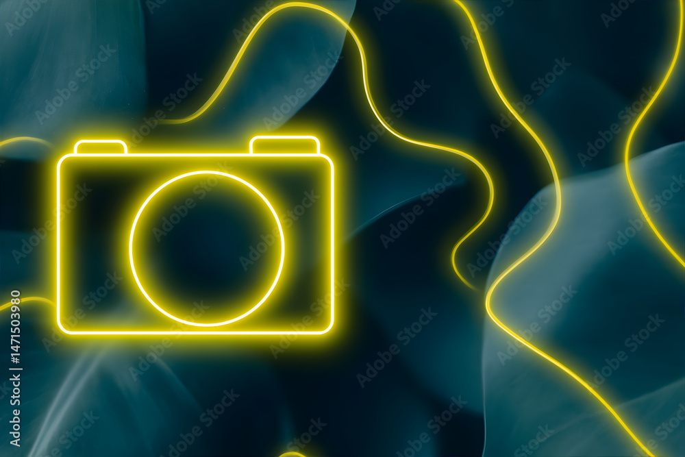 Abstract camera shape in neon yellow on the dark background. Summer photography icon banner. Abstract camera shape in neon yellow on the dark background. Summer photography icon banner.