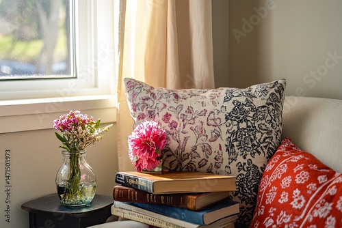 Cozy reading nook with leaning book stack flower jar and small artwork