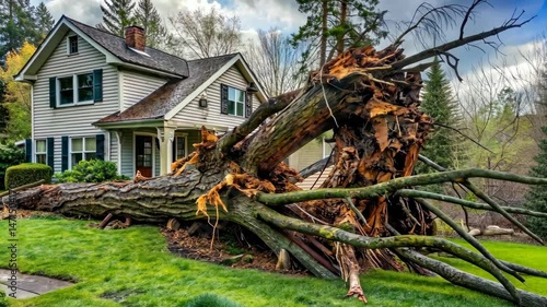 Large tree uprooted by storm falls in front of a two-story house