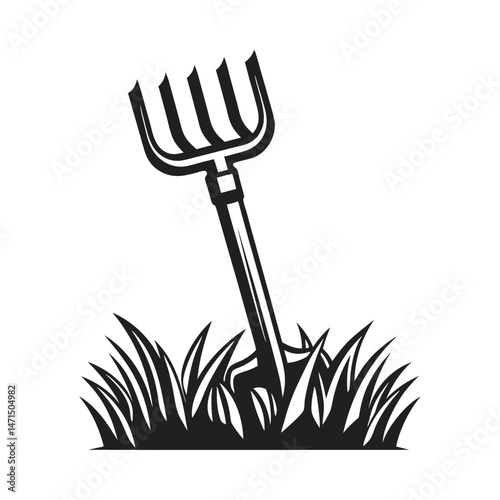 Pitchfork in grass garden tool silhouette on white  background