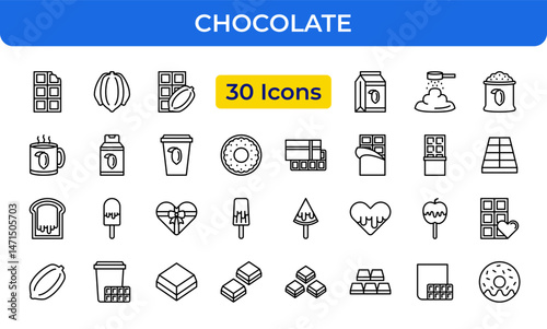 Chocolate Vector Icon Set - Bar, Cocoa Bean, Milk, Powder, Hot Chocolate, Donut, Candy Bar, Toasted Bread, Ice Cream, Heart, Marshmallow Icons - Editable Line Weight