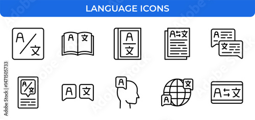 Language Vector Icon Set - Translation, Dictionary, Book, Document, Chat Bubble, Globe, Head, Communication, Global, Learn, Speak, Interpret Icons - Editable Line Weight