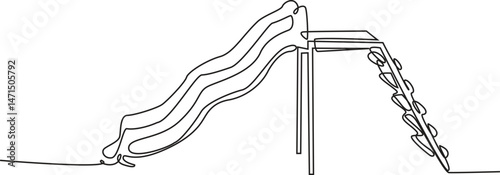 continuous single line drawing of toddler on slide, playground line art vector illustration, continuous single drawn one line riding a playground with a slide. vector illustration.