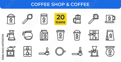 Coffee Shop and Brewing Equipment Line Icons Set Cafe Business Outline Vector Editable Stroke