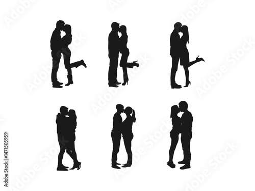 kissing couple silhouette. Silhouette of a young couple in love kissing, vector. Vector silhouette couple man and a woman in love, black on white background.