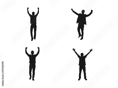 man with raised hands silhouette. Silhouettes of men with hands in the air. Man standing and waving with his hand, isolated vector silhouette.