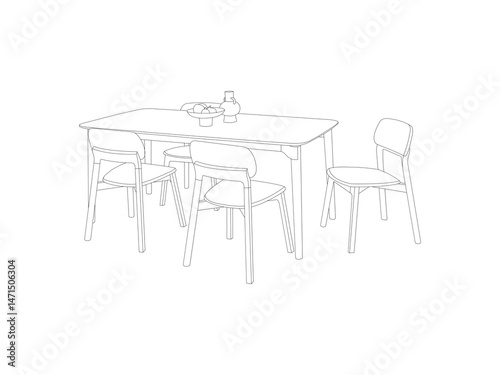 Part of the dining room. Round table and chairs.On the table vase of flowers. Hand drawn sketch.Vector illustration. Hand drawn sketch.Vector illustration. isolated over white background.