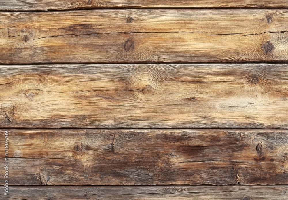 Fototapeta premium Rustic Weathered Brown Wooden Planks Texture: A Detailed Closeup of Aged Timber Showing Natural Grain and Knots, Ideal for Backgrounds or Design Elements. : Generative AI