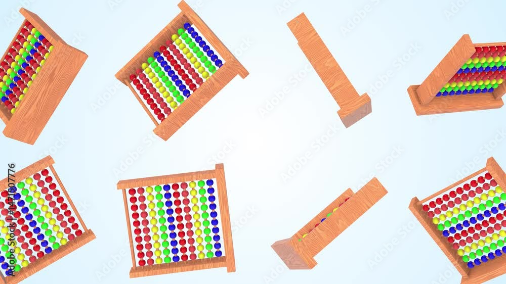 Wooden Abacus Falling on a Light Blue Background. Counting Frame 3D. 4K