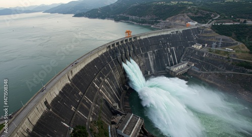 Massive dam releases water, creating a powerful cascade.  Aerial view of a hydroelectric dam photo