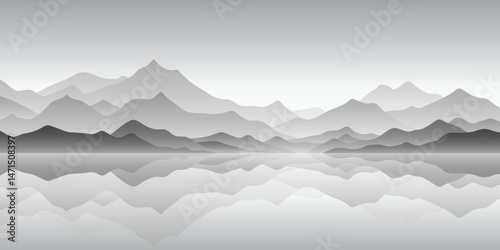 Mountain lake at dawn, minimalist landscape, black and white, scenic reflection, vector illustration