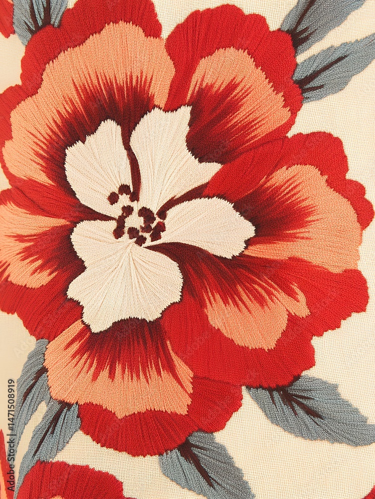 Fototapeta premium Embroidered Floral Design Red Peach Cream Needlework Textile Art home craft retro petal bloom decor