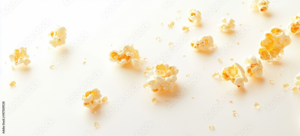 Scattered popcorn pieces on a white surface, showcasing the texture and light color of the kernels, some with visible caramel coating. : Generative AI Scattered popcorn pieces on a white surface, showcasing the texture and light color of the kernels, some with visible caramel coating. : Generative AI
