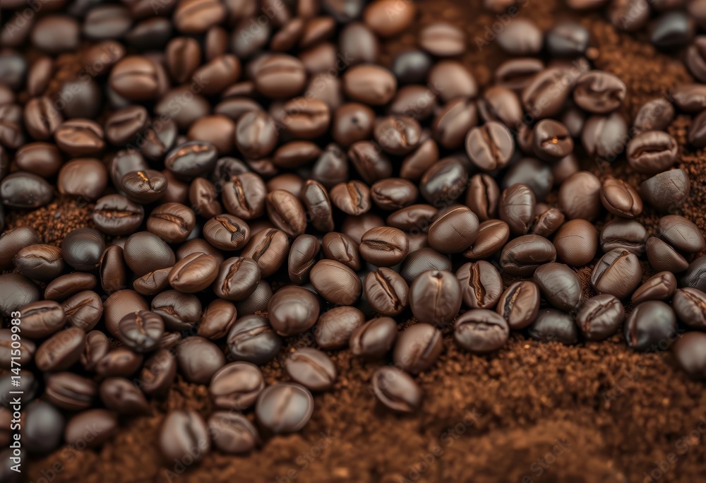 Fototapeta premium Close-up of dark roasted coffee beans scattered on rich brown coffee grounds, cappuccino, background