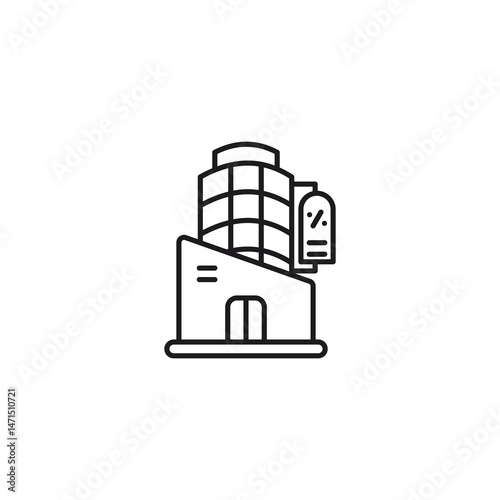 Minimalist vector illustration of a modern shopping mall or outlet store building with percentage signs, ideal for web design or printed materials. The black and white icon features a clean geometric 