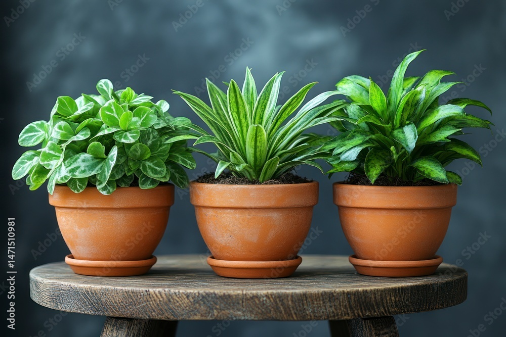 Three potted plants on a wooden stool Three potted plants on a wooden stool