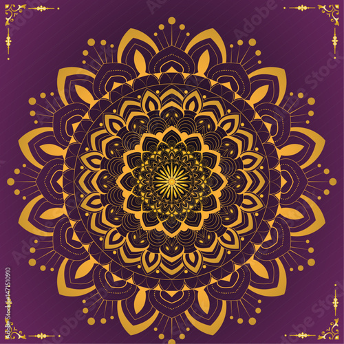 Intricate Floral Mandala Pattern – Vector Illustration for Tattoo Design, Wall Hanging, Decorative Art, Digital Print, Textile, Invitation, T-shirt, Packaging, Greeting Card with Golden-Magenta Color