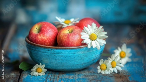 Fresh Red Apples and Daisies in a Rustic Blue Bowl