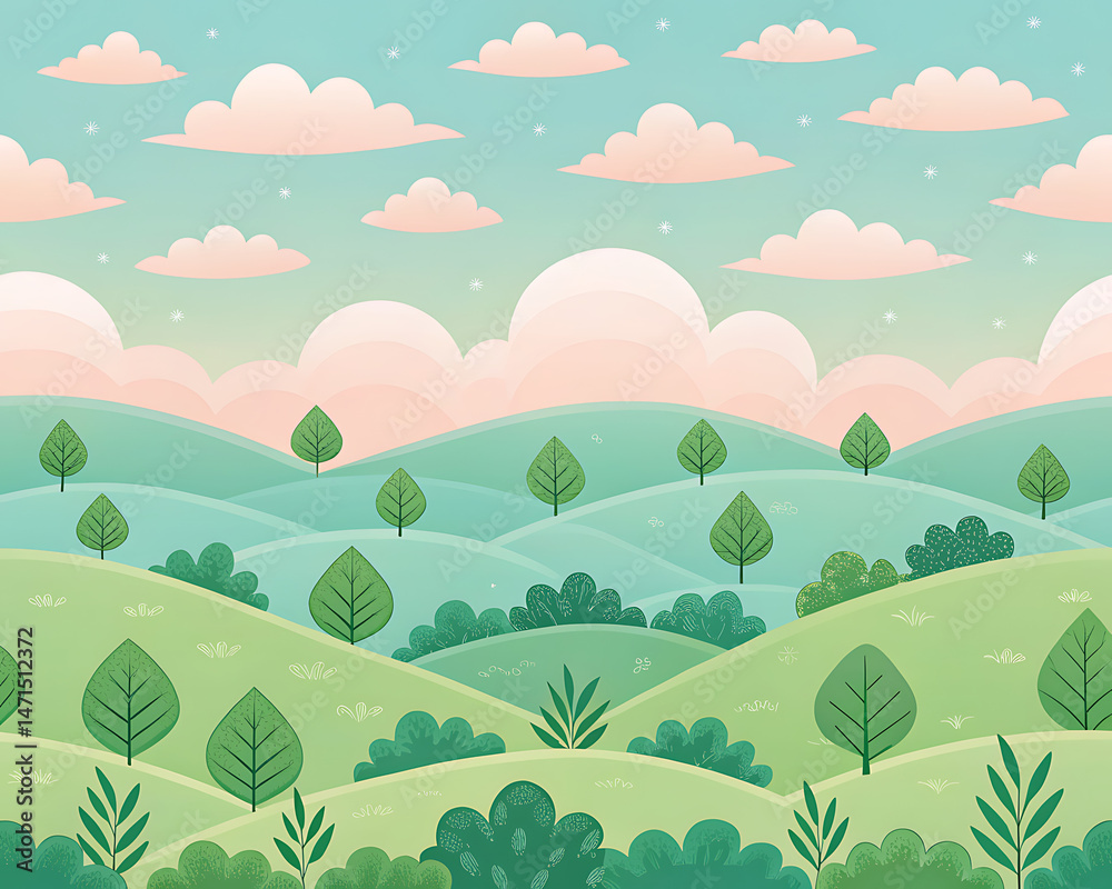 Fototapeta premium Cute minimal landscape with pink clouds and trees