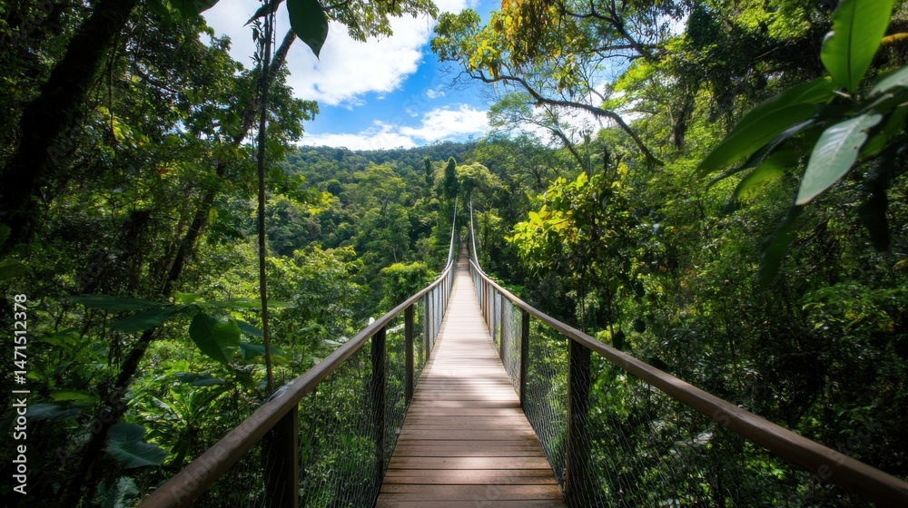 Fototapeta premium Wooden suspension bridge crossing a lush green rainforest canopy, sunlight dappling through leaves onto the walkway. : Generative AI