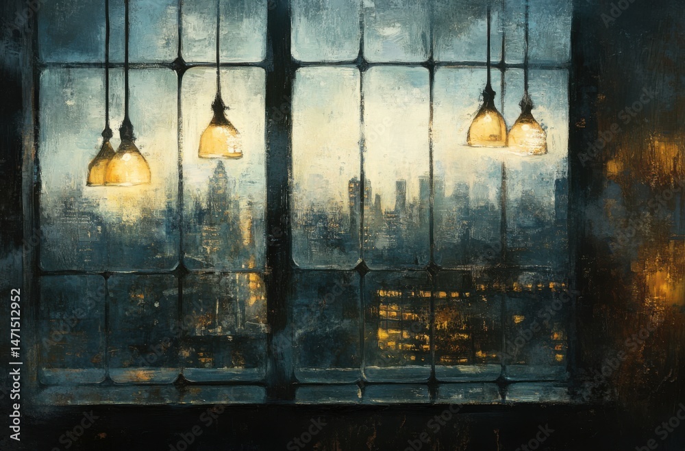 Obraz premium Rain-speckled windows overlooking city in spring storm