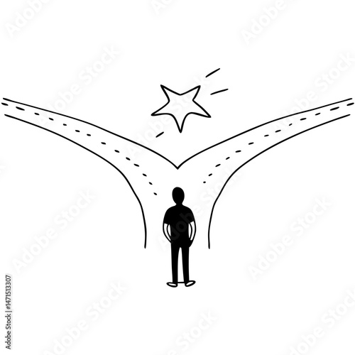 Person standing at a forked path with one road leading to shining star icon vector. Choosing the path to success logo.