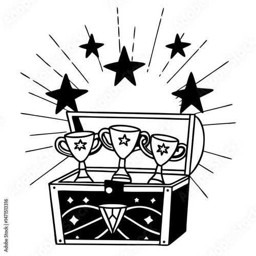 Open treasure chest overflowing with stars and trophies icon vector. Treasure chest of success logo.