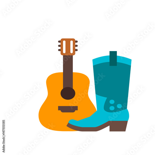 Illustration of an acoustic guitar in orange with a brown neck and a blue cowboy boot beside it