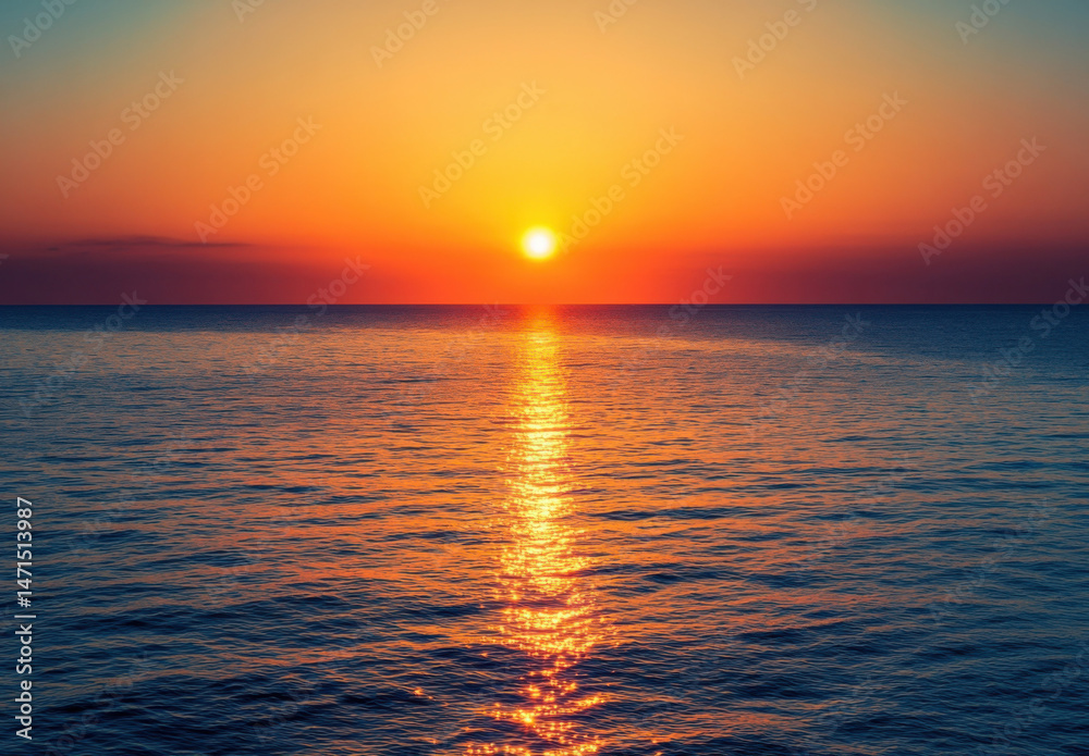 Obraz premium Stunning sunset over the ocean, vibrant orange and purple hues paint the sky as the sun dips below the horizon, reflecting its golden light on the calm water. : Generative AI