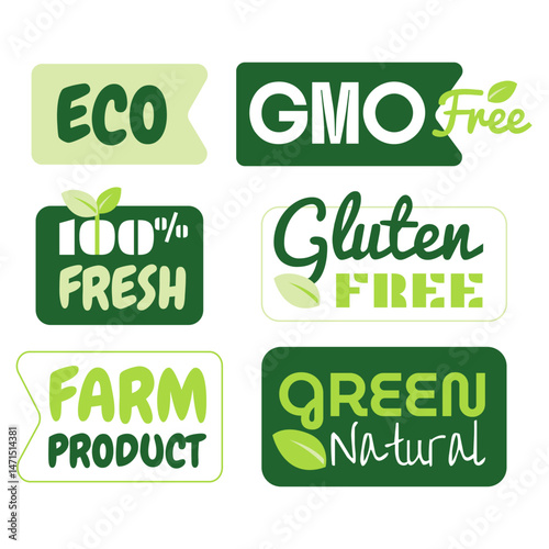 Eco, vegan, organic food stickers and natural product icons and elements for food market, organic products packaging, ecommerce. Ecology labels set. Vegan food diet icon, bio and healthy food.