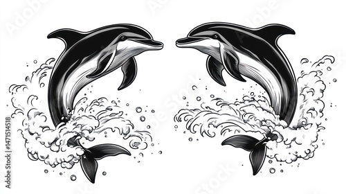 Wallpaper Mural Two dolphins leaping through ocean waves Torontodigital.ca