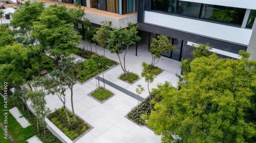 Fototapeta premium Aerial view of a modern building's courtyard featuring a meticulously designed landscape with lush green trees, neatly arranged shrubs, and a clean, light-colored stone pathway. : Generative AI