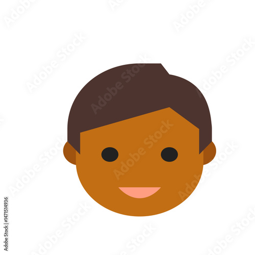 Illustration of a smiling dark skinned person with short brown hair and simple facial features on white background