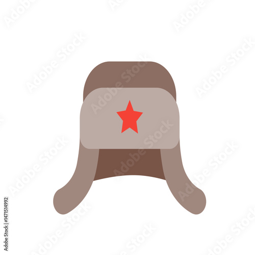 Illustration of a ushanka hat with ear flaps and a red star emblem on the front flap design element