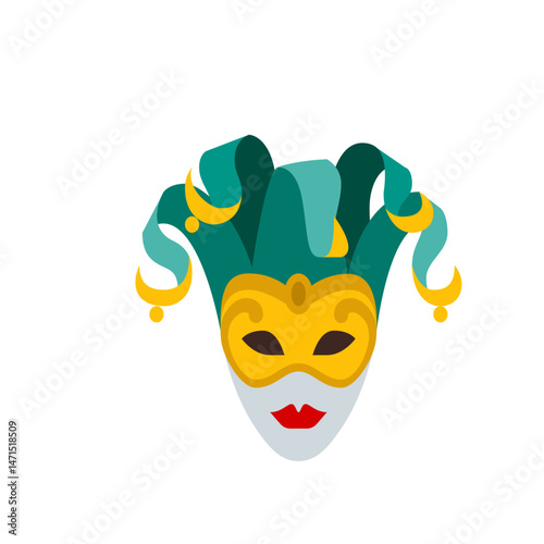 Illustration of a carnival mask with a golden mask and a green jester hat with golden bells and ribbons