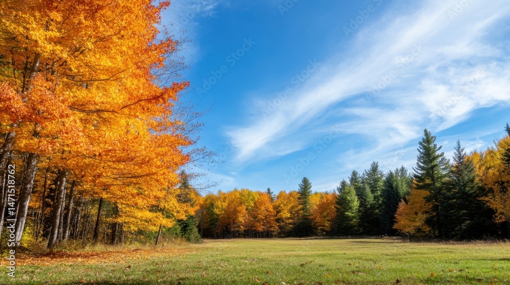 Fototapeta premium Vibrant autumn foliage illuminates a picturesque meadow, framed by golden maple trees and evergreen pines under a bright blue sky with wispy clouds. : Generative AI