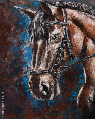 Close-up Oil Painting of a Brown Horse with Bridle on a Blue Textured Background