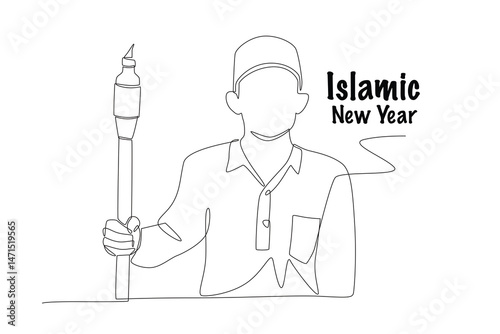 Muslim man holding a torch. Islamic new year concept one-line drawing