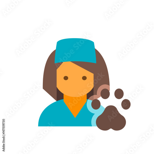Illustration of a veterinarian with a blue cap and uniform holding a brown paw print graphic icon