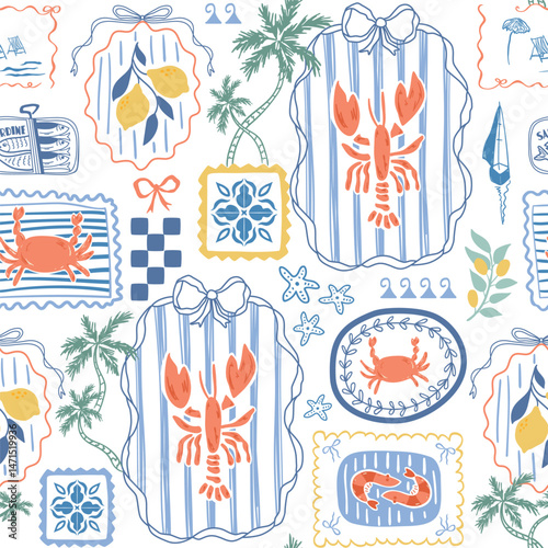Mediterranean summer mosaic seamless pattern. Cute coastal beach wallpaper. Italian food, lobster and sardine, sailboat, bows, ribbons, checkered elements, palms. Vector background, textile design