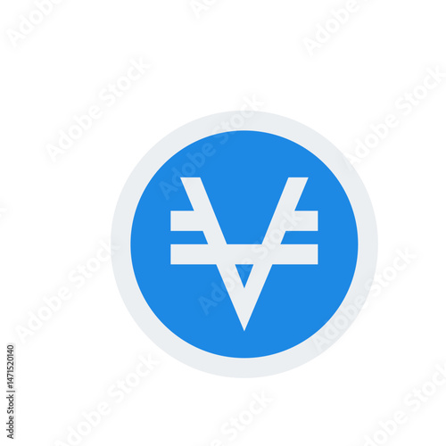 Blue circle with a white stylized v shape and two horizontal lines representing a currency symbol emblem