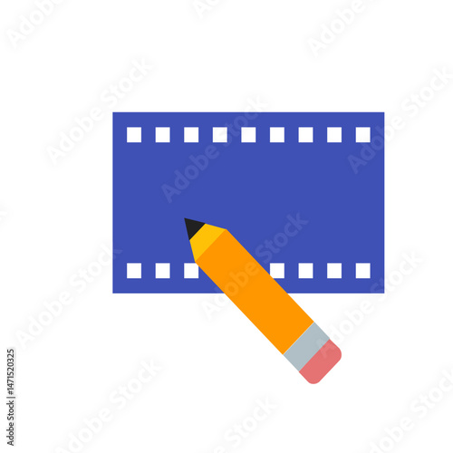 A film strip with white squares and a yellow pencil with a gray eraser pointing towards the film strip