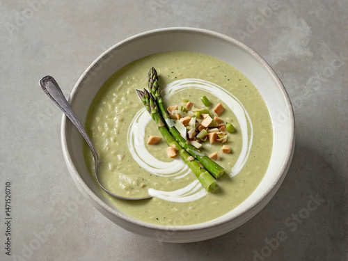 A shallow white bowl of creamy asparagus soup with a swirl of cream and asparagus tip placed delicately on top.