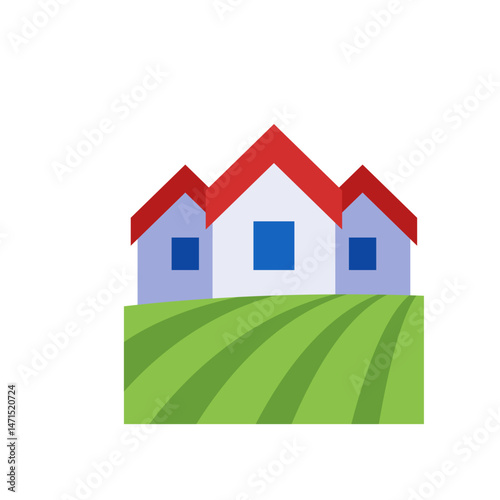 Illustration of three houses with red roofs and blue windows on a green field landscape scene view design